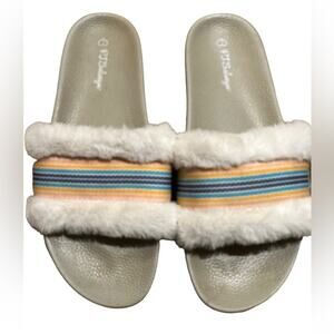 PJ Salvage Women’s 9/10 Ivory Faux Fur Slides with Colorful Trim